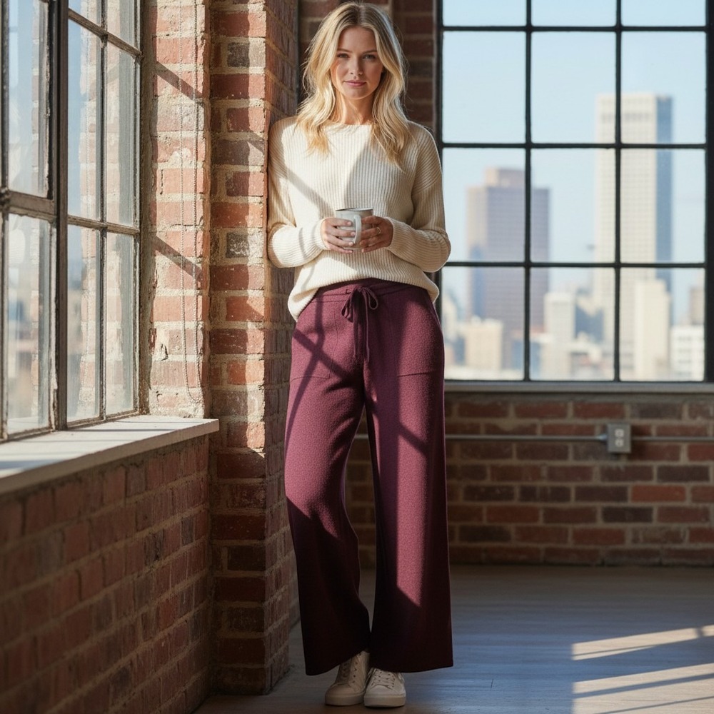 Vince Camuto Plus NWT Strawberry Wine Knit Wide Leg Pants PL Maroon Drawstring